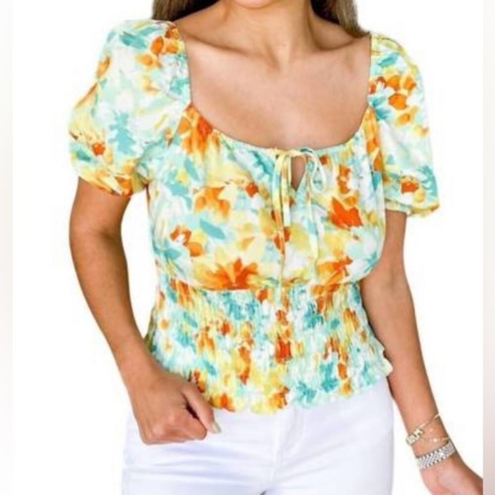 NWT KUT FROM THE KLOTH scoop neck cropped smocked top in green/orange/white - L